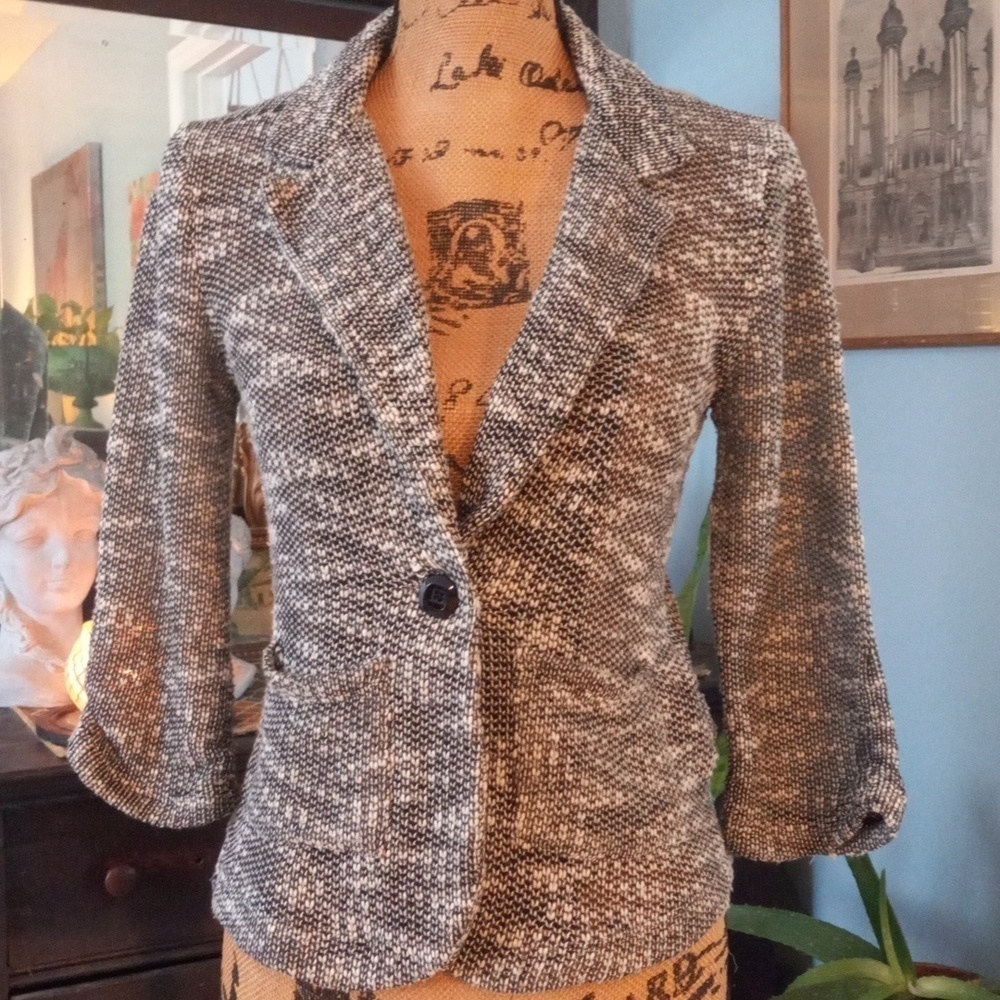 About A Girl Black and White Woven Knit Single Button Blazer Jacket